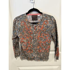 Anthropologie Floral Cardigan Sz M Guinevere 3/4 Sleeve Orange Ribbon Details